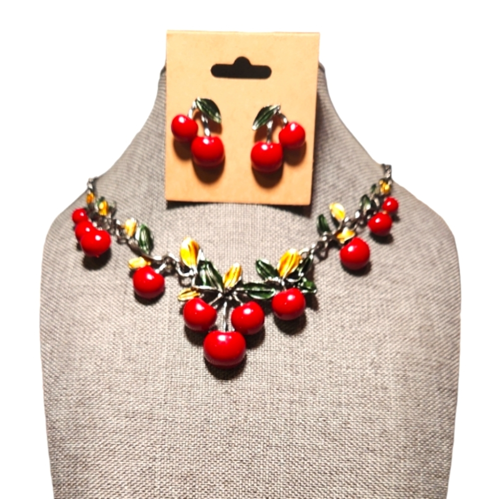 JEWLERY SILVER TONE W/ ENAMAL CHERRIES NECKLACE & EARRING SET